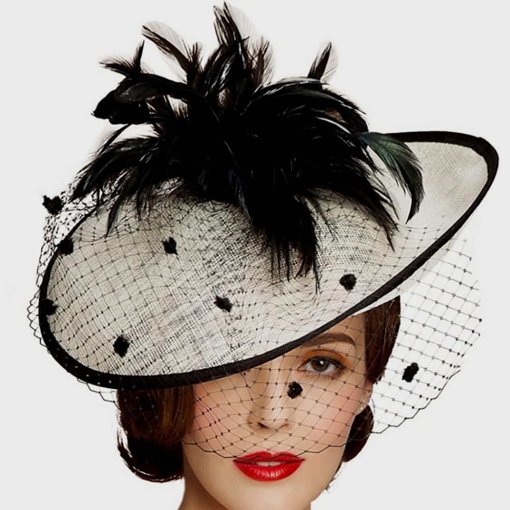 Stunning Black and White Feathered Lace Veil Fascinator Hat
